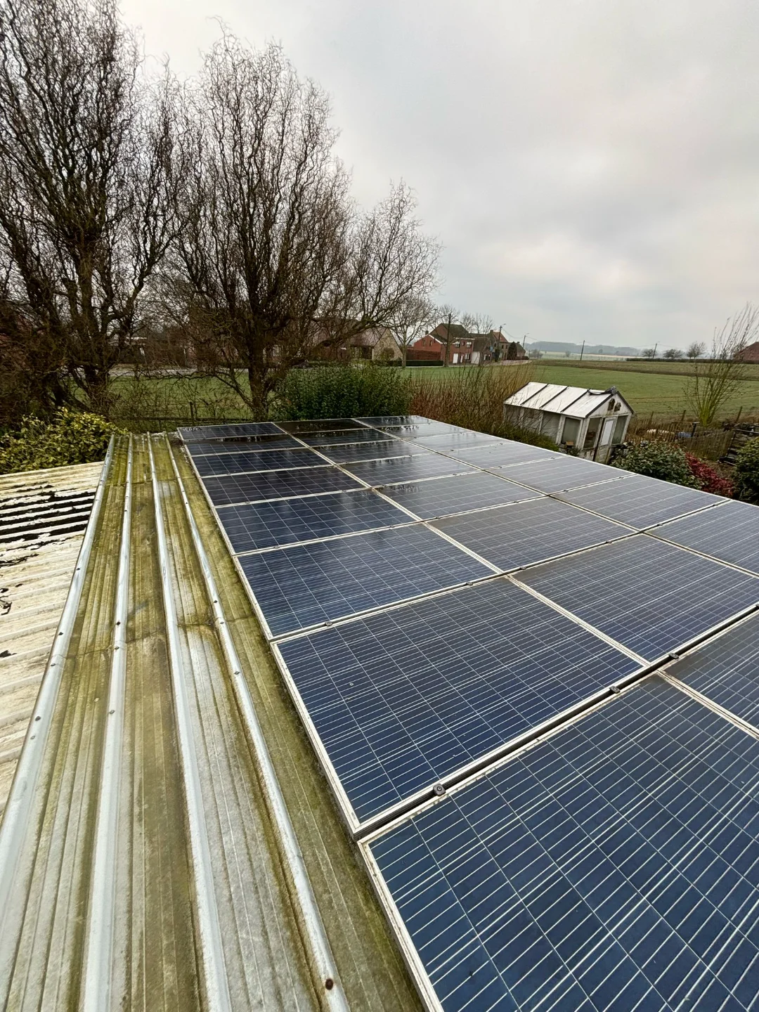 Vervuilde zonnepanelen en dak met aanslag, klaar voor professionele reiniging door Renovivo.
