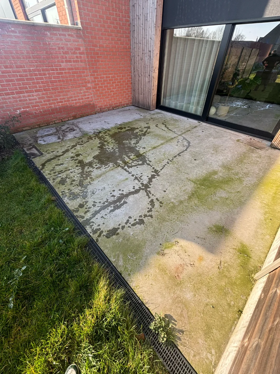 Terras reinigen: Verwijder mos en groene aanslag vakkundig Oud terras vol groene mos en aanslag dat gereinigd moet worden. Renovivo verwijdert mos voor een fris en veilig terras in Vlaanderen.